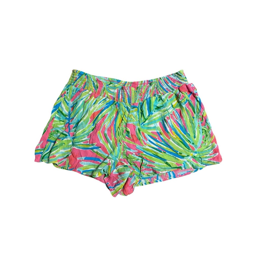 Lilly Pulitzer Buttercup Shorts L Green Pink Floral Smocked Elastic Waist Rayon